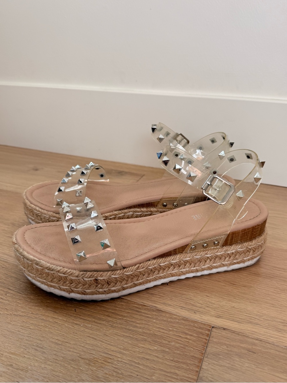 Cushionaire Clear Studded Espadrille Platform Sandals Nude